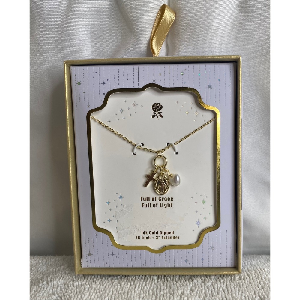 Full of Grace Full of Light 14k Gold Dipped Religious Charm Necklace Cross Pearl